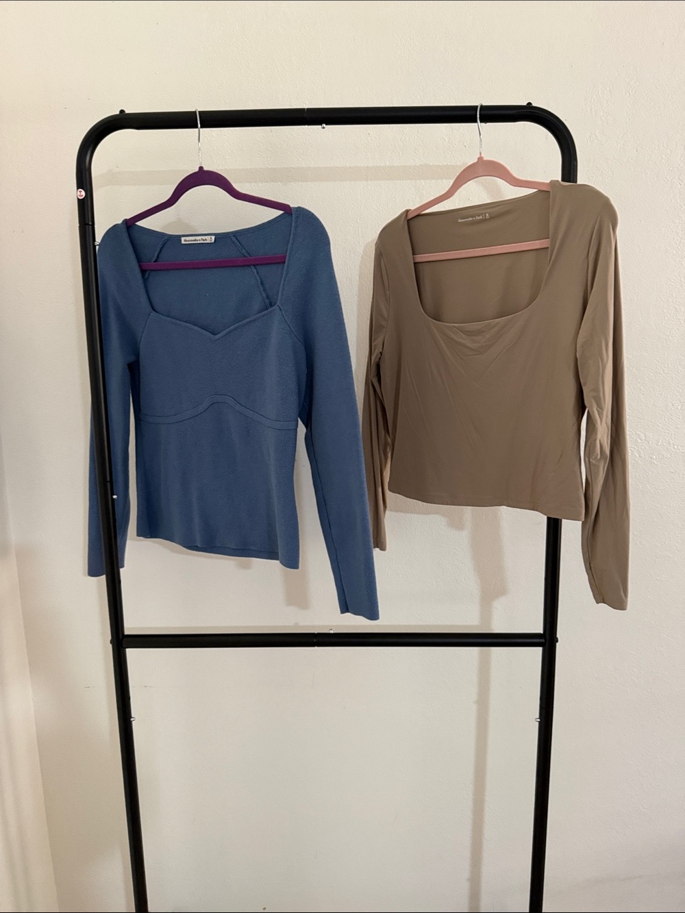 2 - Blue Ribbed Sweetheart Neck Top & Taupe Scoop Neck Long Sleeve Top